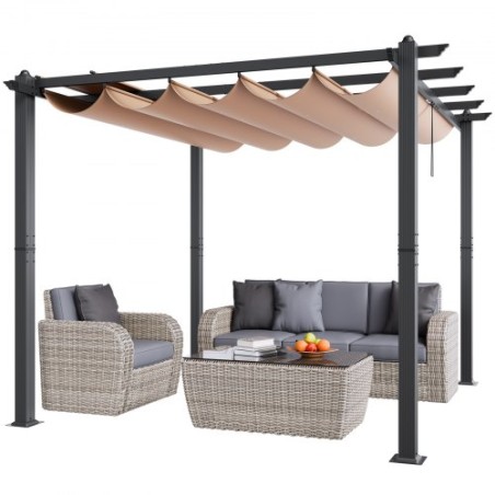 10'x10' Outdoor Retractable Pergola with Sun Shade Canopy Aluminum Beige