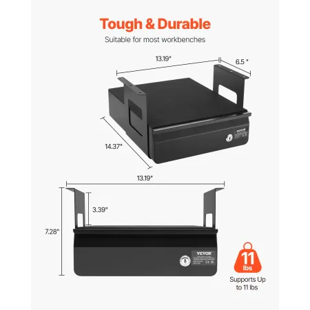  13" Wide Under Desk Drawer Slide Out, Under Desk Mounted Pull-out Drawer Attachment, Hidden Desktop Storage Organizer, Loc