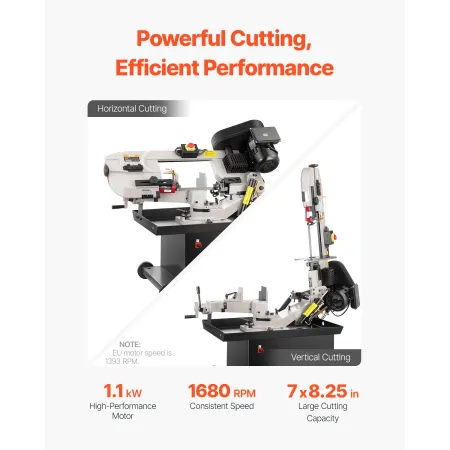 Metal Horizontal Band Saw, 178 x 209 mm(7 x 8.25 in) Rectangular Cutting Capacity, 220V Metal Vertical Cutting Bandsaw with 1.1 