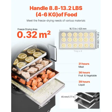 Vacuum Freeze Dryer Machine, 8.8-13.2 LBS/Batch Food Freeze Drying Machine with 4-Layer Trays, Vacuum Pump, Adjustable Timer and