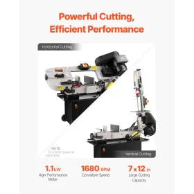 Metal Horizontal Band Saw 1.1 KW, 7 X 12 In Cutting Capacity 4 Speeds Variable Speed Bandsaw 220V Horizontal & Vertical Cutting