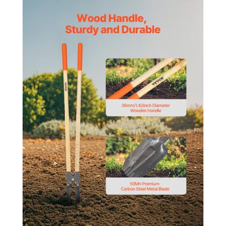 Post Hole Digger, Heavy Duty Post Hole Digger with Wood Handle, Manual Hole Digger with Scale Markings and Metal Blade, Post Hol