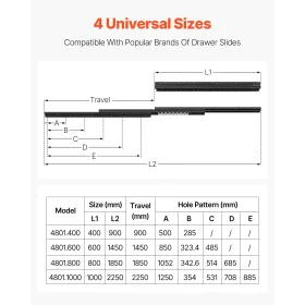 Undermonteret skuffe glider 24 tommer under trappekabinetskinner 260 lb belastning