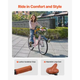 26-tommer cruiser cykel 7-trins lyserød strandcruisercykel med kurv