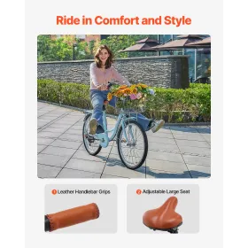 26-tommer cruiser cykel 7-trins lyseblå strandcruisercykel med kurv