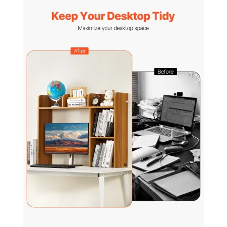 Desktop Bookshelf, 2-Tier Wood Desktop Storage Organizer, 37.2" x 9.5" x 28.9" Office Storage Rack Wood Display Shelf, Desktop B