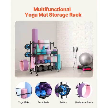 Yoga Mat Storage Rack, Home Gym Workout Equipment Organizer, Powder Coated Finish Steel Yoga Mat Holder with Hooks & Wheels, Wei