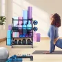 Yoga Mat Storage Rack, Home Gym Workout Equipment Organizer, Powder Coated Finish Steel Yoga Mat Holder with Hooks & Wheels, Wei