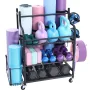 Yoga Mat Storage Rack, Home Gym Workout Equipment Organizer, Powder Coated Finish Steel Yoga Mat Holder with Hooks & Wheels, Wei