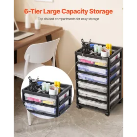 Scrapbook Rolling Storage Cart, 6-Tier Large Capacity with Organizer Top, Black Frame with 6 Clear Cases and 4 Removable Wheels,