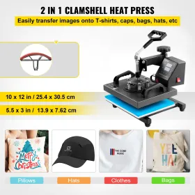 Heat Press Machine, 10x12inch / 25x30cm, 2IN1 Clamshell Sublimation Transfer Printer with Teflon Coated, Digital Precise Heat Co