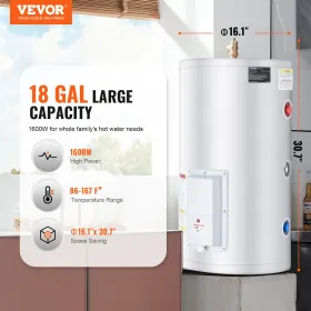 18 gallon elektrisk vandvarmer med øjeblikkelig varmluft, 1,6