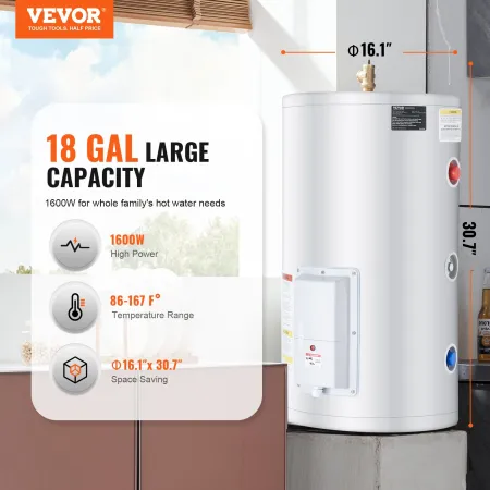 Electric Water Heater, 18 Gallon Tank Instant Hot Water Heater, 1.6Kw Tankless Water Heater w/ LED Display,Knob Control, IPX4 Wa