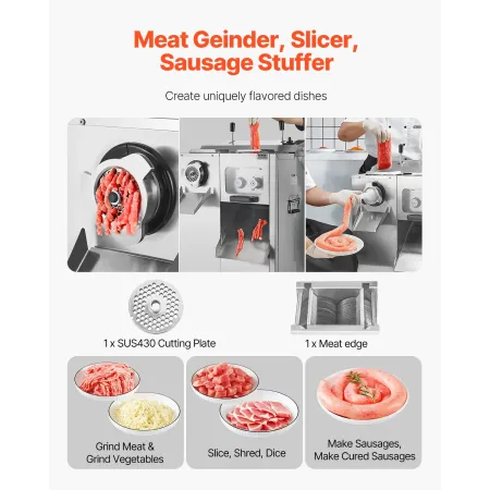Meat Grinder, 14 Lbs/Min Electric Meat Grinder, Slicer, Sausage Stuffer with Blade, Grinding Plate, Sausage Maker, Stainless Ste