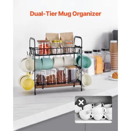 2 Tier Coffee Bar Organizer for Countertop, Multifunctional Mug Holder and Coffee Station, 12 Movable Hooks and 2 Shelves for Co