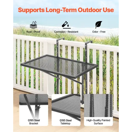 Balcony Hanging Table, 19 x 24 in Metal Folding Balcony Railing Table, Outdoor Balcony Bar Table for Railings, 5-Level Adjustabl