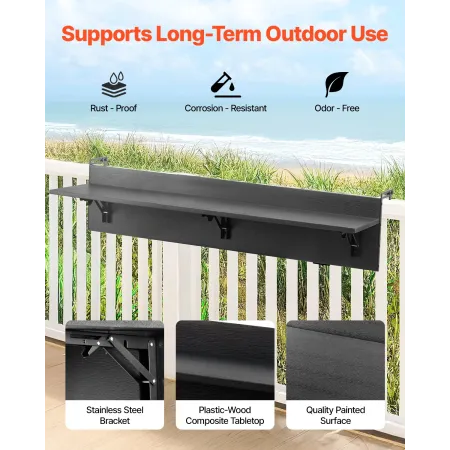 Balcony Hanging Table, 12 x 48 in Folding Balcony Railing Table, Outdoor Balcony Bar Table for Railings, 50 lbs Loading, Fit Rai