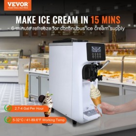 Soft Serve Ice Cream Machine Maker 10L/H Yield Single Flavor Countertop