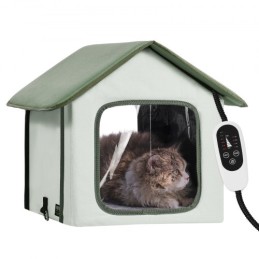 Elevated Heated Cat House Outdoor Kitty Shelter with Heated Pad Green (S)
