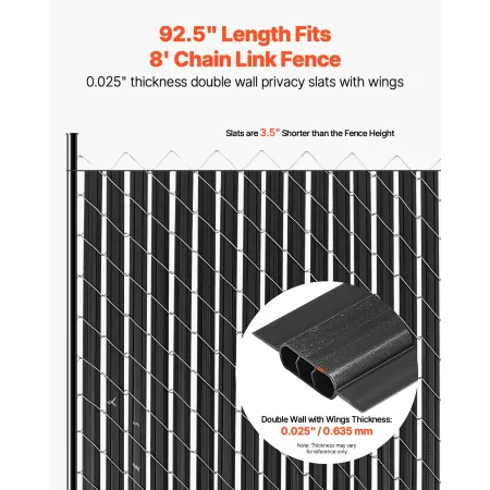 Bottom Locking Privacy Slats, Double-Wall Vertical Bottom-Locking Slats with Wings for Chain-Link Fence, High-Density HDPE Chain