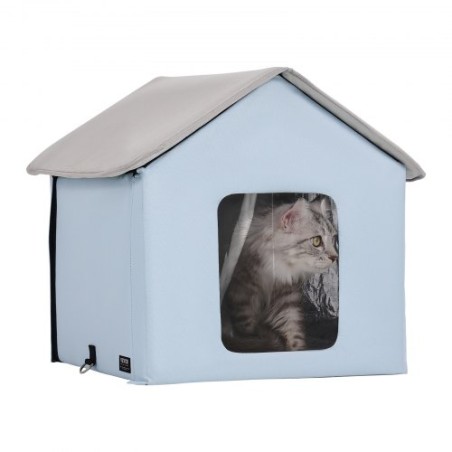 Heated Cat House Foldable Kitty Shelter with Heated Pad Blue Small