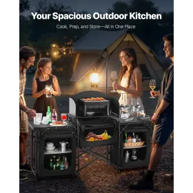 Camping Kitchen Table Portable Outdoor Cook Station Windshield Cupboards