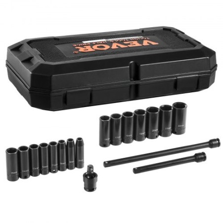 Impact Sockets Set 18pcs 6-Point 3/8" Drive Bit Ratchet Tool Kit Case
