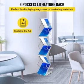 Literature Rack, 6 Pockets, Pop up Aluminum Magazine Rack, Lightweight Catalog Holder Stand w/ Carrying Bag for Living Room,