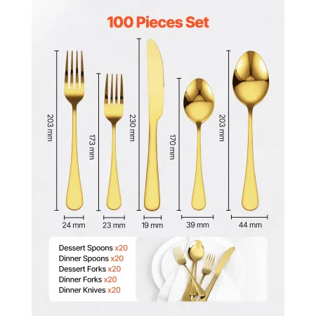 100-Piece Gold Silverware Set, Food-Grade Stainless Steel Flatware Utensils for 20, Mirror Finished Cutlery Set, Dishwasher Safe