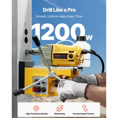 Magnetic Drill, 1200W Motor 1.6 in Boring Diameter, 2810 lbf Electric Mag Drill Press, with 2 Coring Bits, Variable Speed, Drill