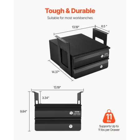  13" Wide Under Desk Drawer Slide Out, Under Table Pull-out Drawer Attachment, Hidden Desktop 2 Layer Storage Organizer, Lo