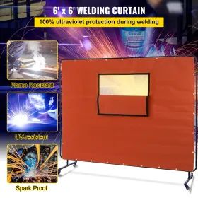 Welding Curtain, 6' x 8', Welding Screen with Metal Frame & 4 Wheels, Fireproof Fiberglass w/ Transparent Window, for Workshop,