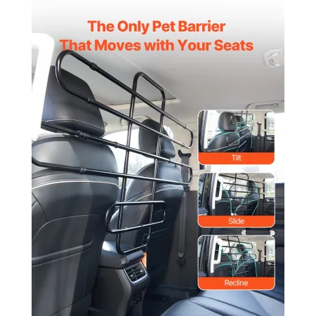 Dog Car Barrier, Adjustable Universal-Fit Vehicle Pet Barrier for Cars, Trucks, SUVs, Moves with Your Vehicle, Tilt Slide Reclin