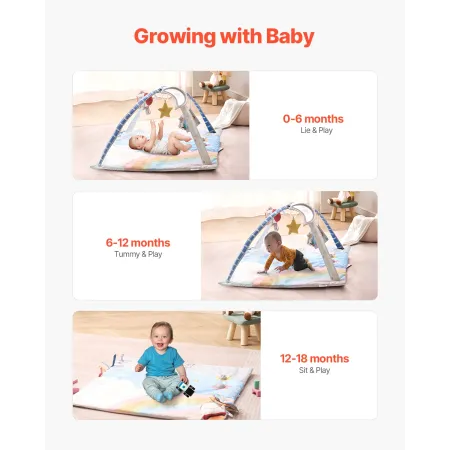 Baby Play Gym Mat, Tummy Time Mat with 6 Sensory Toys, Baby Activity Mat with Light-up Musical Rocket Toy for 0-18 Month Newborn