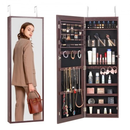 Mirror Jewelry Cabinet 42.52in Lockable Wall or Door Mounted Armoire Brown
