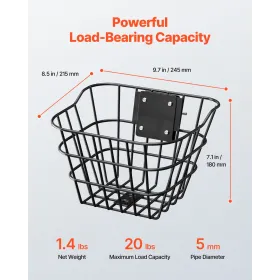 Front Bike Basket, Electric Scooter Basket with Fixed Bracket - Max Bearing 20 lbs, Construct from Solid Steel, Kids Bike Basket