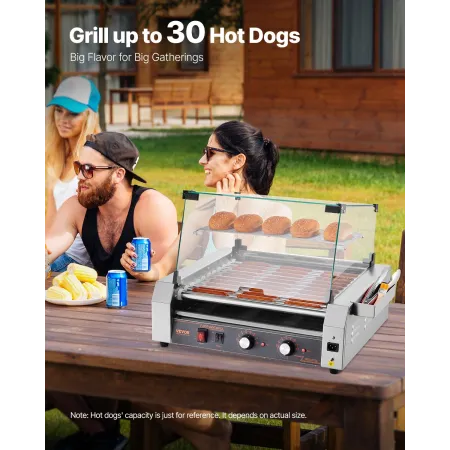 Hot Dog Roller, 30 Hot Dog 11 Rollers, Stainless Steel Sausage Grill Cooker, 2200W Commercial Hot Dog Machine with Dual Temp Con