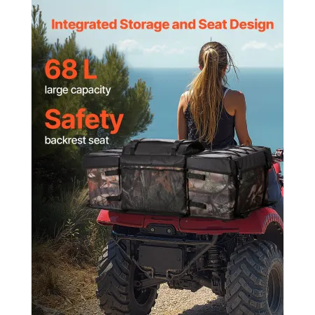 ATV Rear Storage Bag, 68L ATV Rear Cargo Bag with Sponge Seat Cushion & Bottle Holder, 600D Oxford Cloth Storage Rear Rack Seat 
