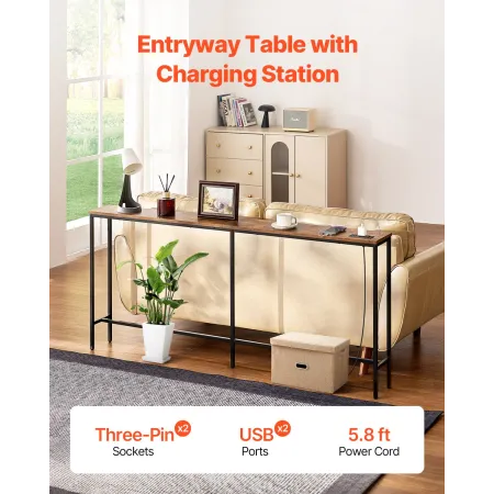 Narrow Console Sofa Table, 70.9” Behind Couch Table with Power Outlets, 1-Tier Long Entryway Table, Narrow Sofa Table with Metal