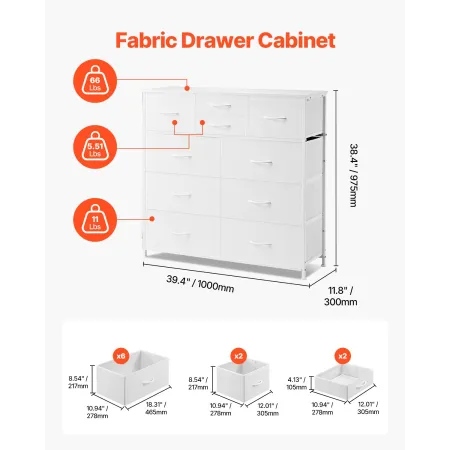 10 Drawer Dresser, Fabric Drawer Dresser with Fabric Bins, Closet Storage Drawers with Easy Pull Handle and Sturdy Steel Frame, 