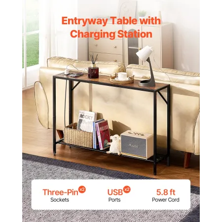 Narrow Console Sofa Table, 41.7” Behind Couch Table with Power Outlets, 2-Tier Long Entryway Table, Narrow Sofa Table with Metal