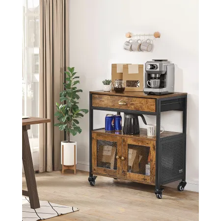 Coffee Bar Cabinet, 24.1 x 14.2 x 27.8 in Farmhouse Coffee Bar Cabinet with 4-Tier Storage, Movable Coffee Bar Table with Wheels