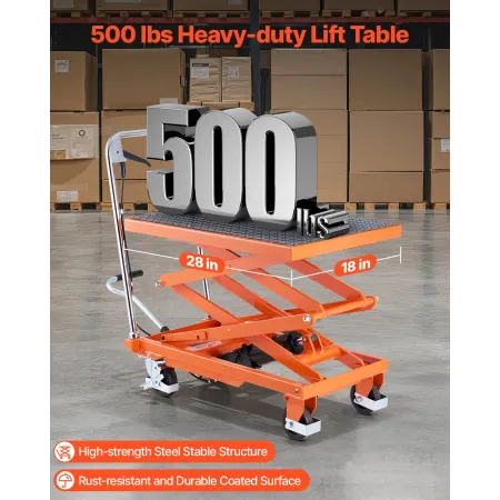 Hydraulic Lift Table, 500 lbs Capacity, 47.2" Lifting Height, Double Scissor Lift Table Cart with 4 Wheels and Non-slip Pad, Man