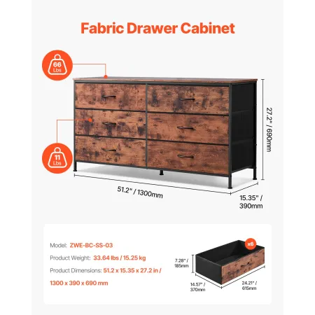 6 Drawer Dresser, Tall Chest Organizer Drawer Dresser, TV Stand with Storage, Closet Storage Drawers with Sturdy Steel Frame, Fa