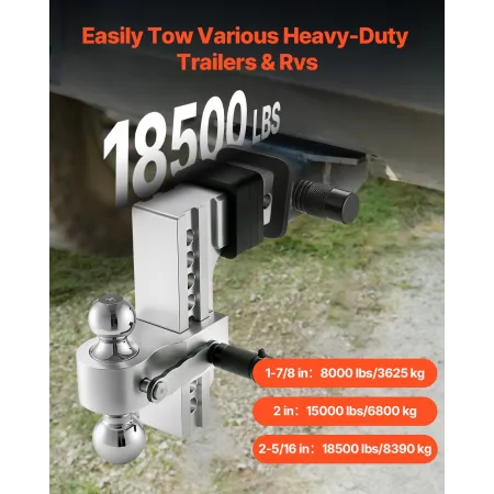 Adjustable Trailer Hitch, 8-Inch Drop Hitch, Tri-Ball Mount for 2.5-Inch Hitch Receiver, Trailer Ball Size 1-7/8", 2" & 2-5/16",