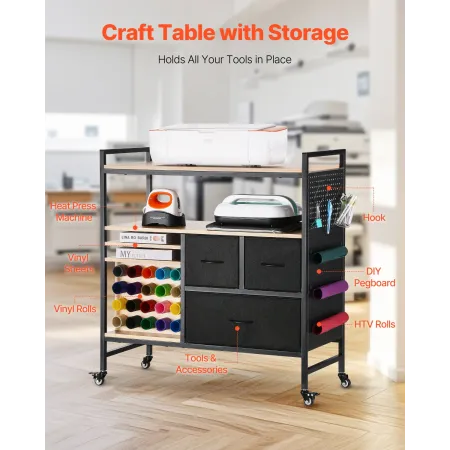 Rolling Craft Cart and Storage Table, Compatible with Cricut Machines, Crafting Table Organization Workstation, Craft Rolling St