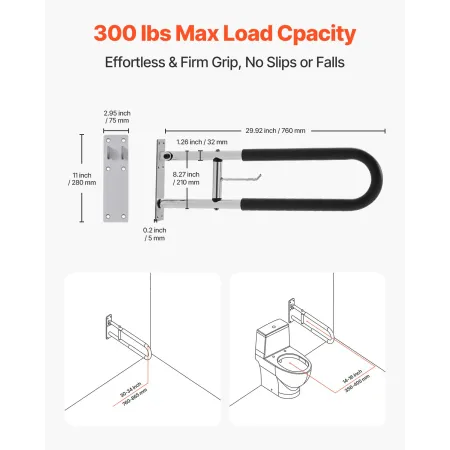 Toilet Safety Rail, 30 Inch U-Shaped Handicap Grab Bar, Foldable Senior Safety Pole, Flip Up Toilet Grab Bars with Anti-Slip Han