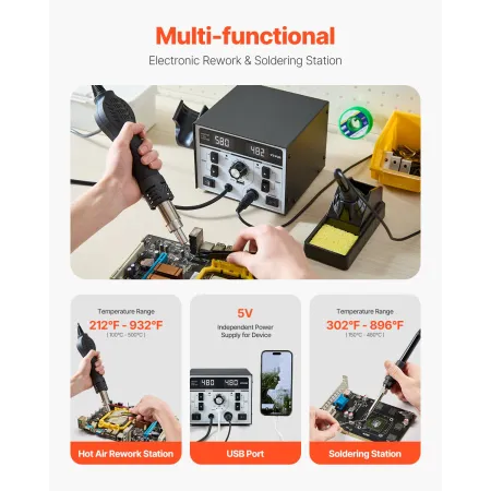 2-in-1 Hot Air Rework & Soldering Station, 820W Digital Display Rework and Soldering Iron Station with 5V USB Charging Port, Adj