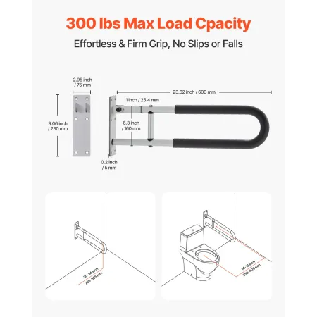 Toilet Safety Rail, 23.8 Inch U-Shaped Handicap Grab Bar, Foldable Senior Safety Pole, Flip Up Toilet Grab Bar with Anti-Slip Su
