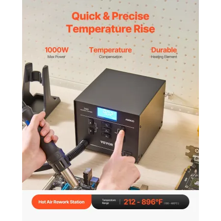 Hot Air Rework Station, 1000W Digital SMD Rework Station, 212℉-896℉ Hot Air Gun with 99-Level Adjustable Airflow, 3 Pre-Set Chan